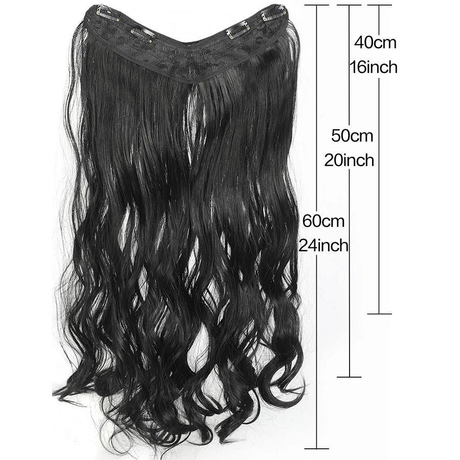 Black Brown Synthetic Heat Resistant V-shaped Long Wavy 4 Clips Hair Extensions 16/20/24Inch Clip On Hair Extensions For Women