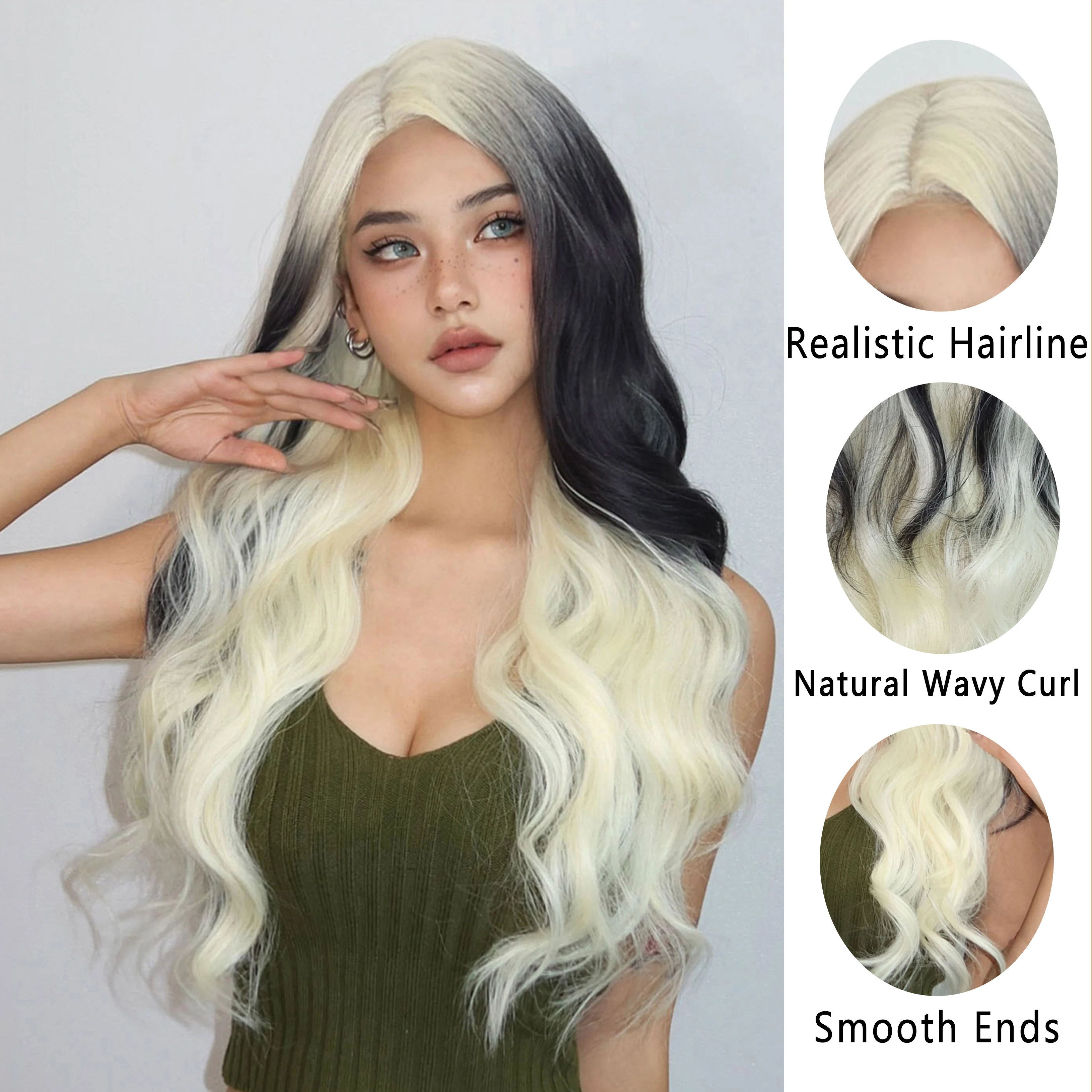 HAIRToxic-Perruque synthétique longue en fibre pour femme, perruque Lace Front Wig, cheveux ondulés naturels, blanc, noir ombré, fibre de degré de chaleur 03/Cosplay