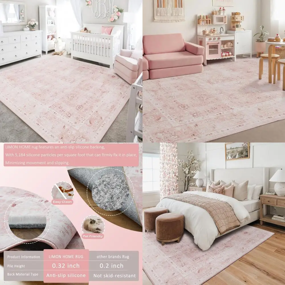 

Нескользящие коврики с цветочным принтом 8x10, ультрамягкие для гостиной, детской, детей, девочек, светло-розовый ковер