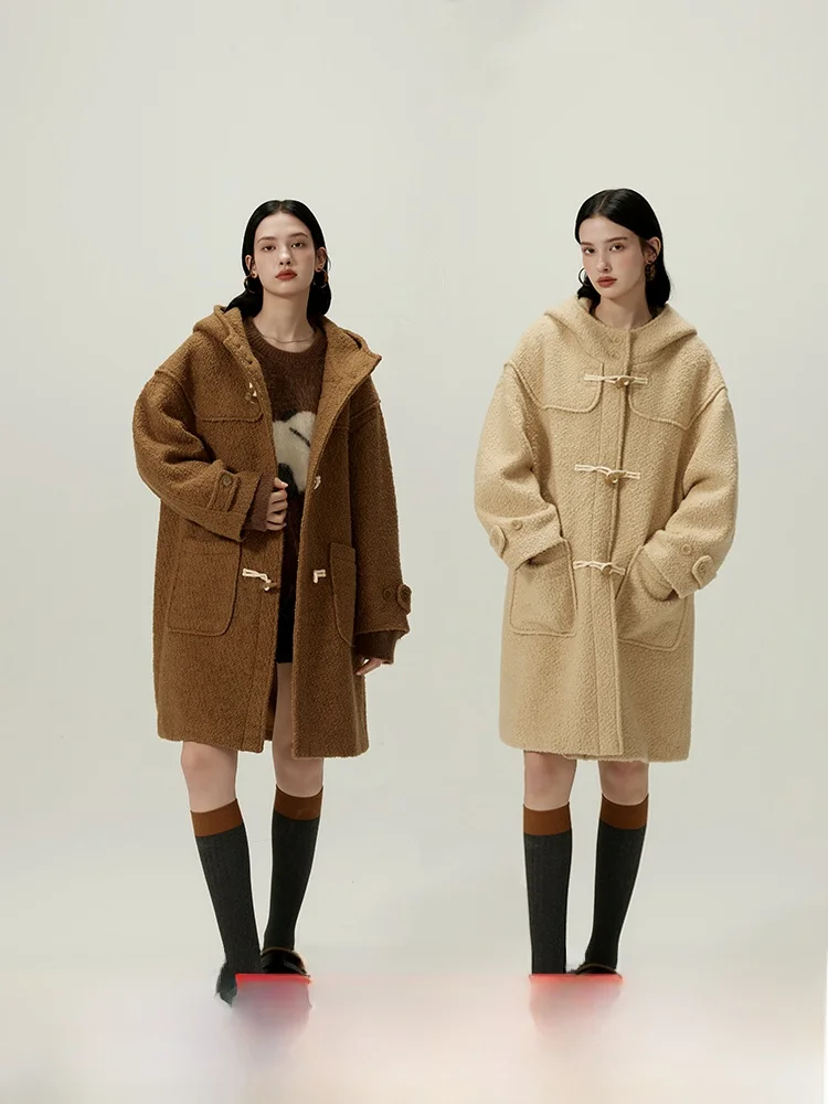 

Sauce Purple Winter Hooded Coat Vintage Preppy Sle Women's Long Sve Mid-Length Woolen Jaet with Imitation Horn But...