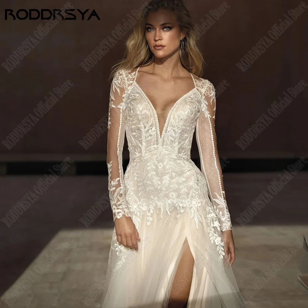 RODRSY Beach abito da sposa per la sposa A-Line maniche lunghe abiti da sRODDRSY abito da sposa da spiaggia per la sposa a-line maniche lunghe abiti da sposa spacco laterale Applique civile a-line vestido de noiva 2024