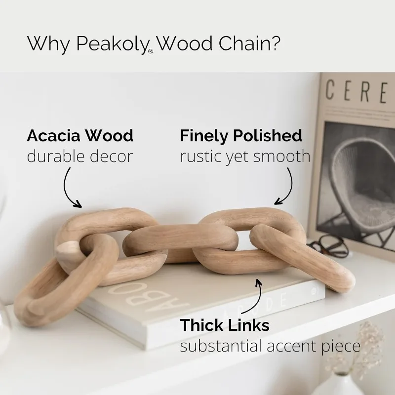 Book Shelf Decor Aesthetic - Acacia Wood Chain Link Decor, Modern Coffee Table Decor Items, Home Décor Accents, Bookshelf Decor