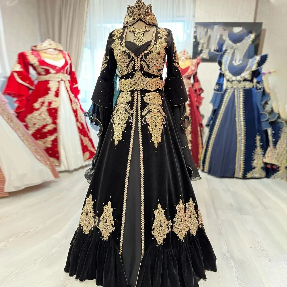 

Black Moroccan Kaftan Caftan Muslim Evening Dresses A-line Long Sleeves Appliques Dubai Arabic Abaya Islamic Gown Customized
