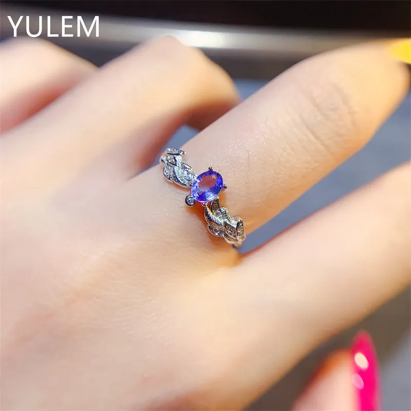 

YULEM Simple Design Real Gemstone Natural Tanzanite Ring 925 Silver Fine Jewelry Women Girls Birthday Gift