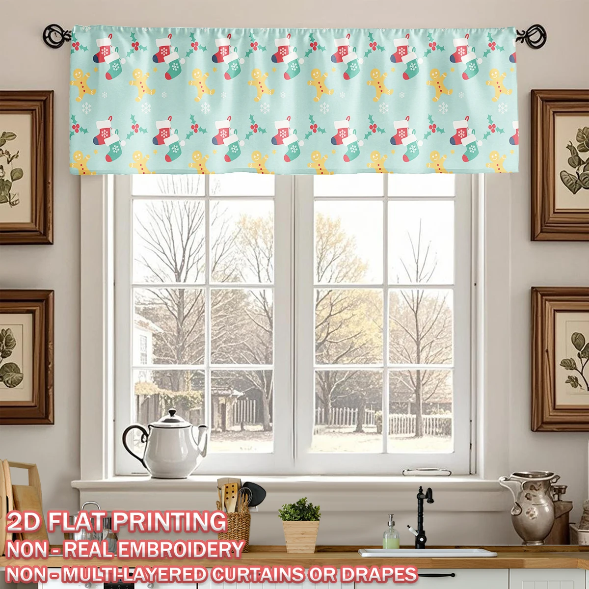 

Christmas Flat Printing Kitchen Window Valance With Socks Gingerbread Man Snowflake Mistletoe For Home Party Door Window Decor