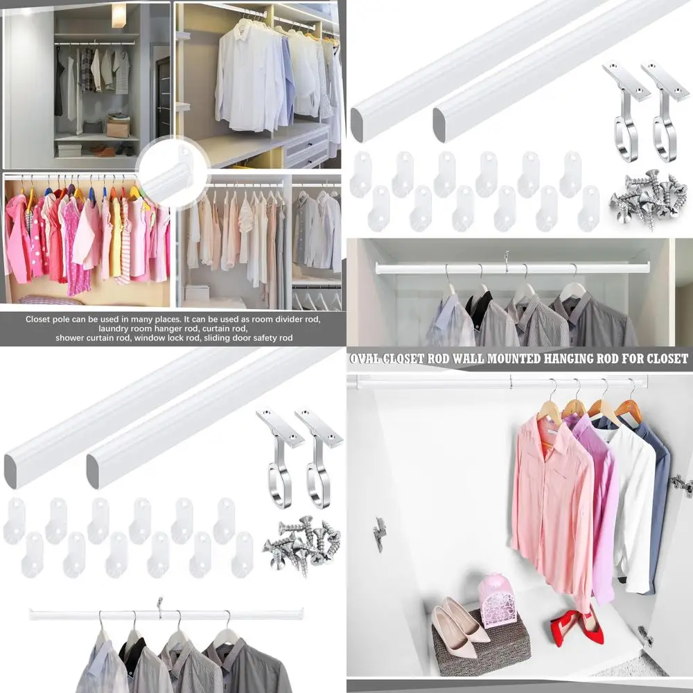 

92 White Oval Laundry Closet Rod with 6 End Supports for Hanging Clothes and Waterproof Shower Curtains
