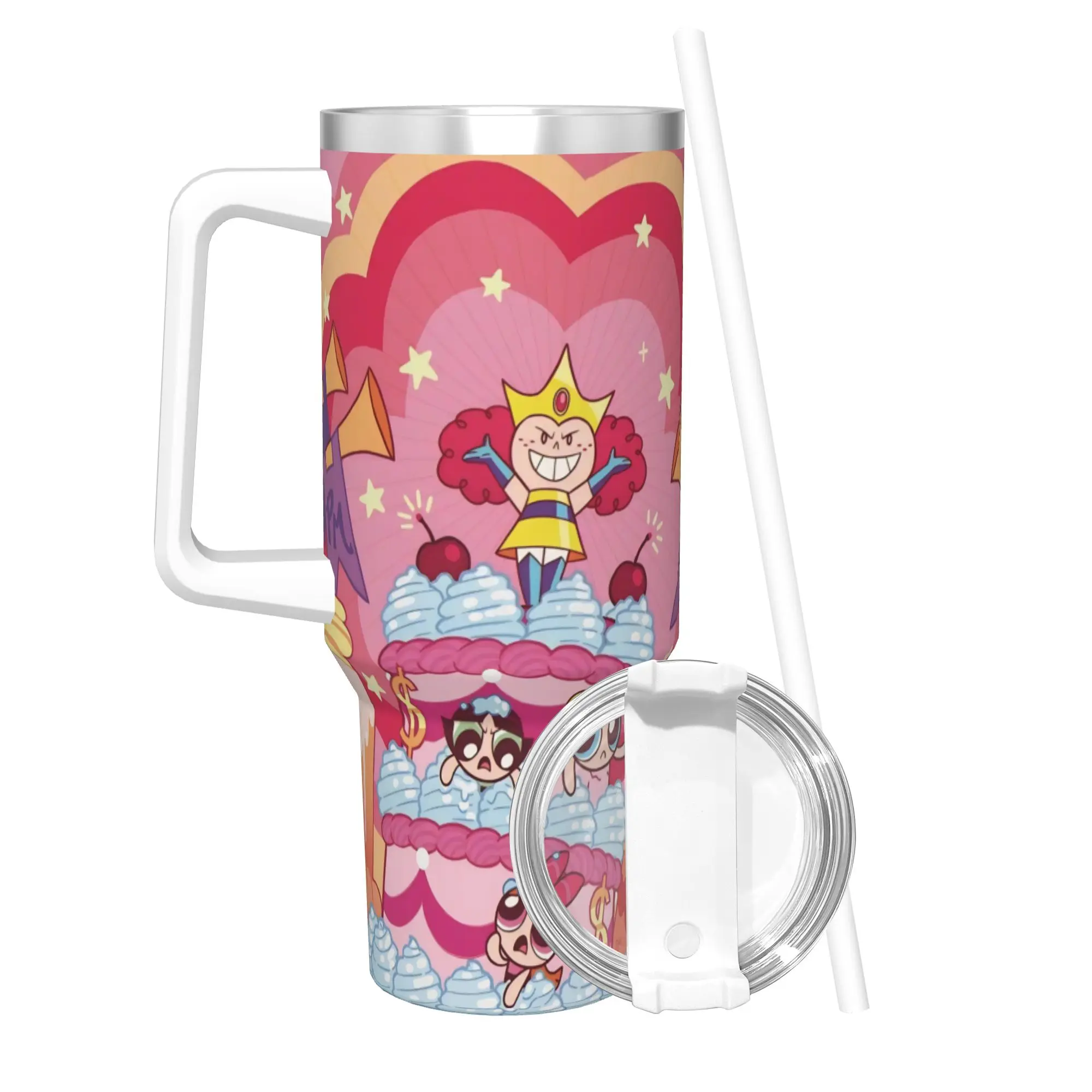 40OZ Stainless Steel Tumbler P-Powerpuffs Girl Cartoon Thermal Mug  Keep Heat Cold Drink Mugs Cup Driving Water Bottle