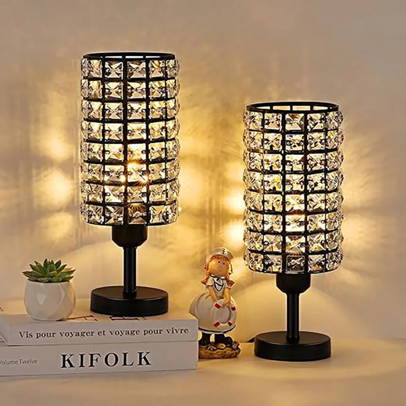 Elegant Crystal Table Lamps Set of 2 Black Modern Bedside Lamp Small Decorative Nightstand Lamp Black Desk Lamp for Living Room