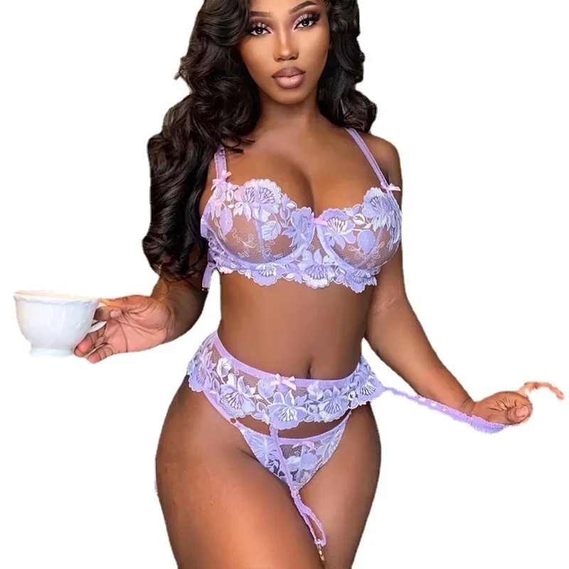 

Hot Sale Sexy Hollow Out Suspender Socks Three Piece Fun Set Lace Printed Bra and Panty Set Womens Fun Lingerie See Through Bra