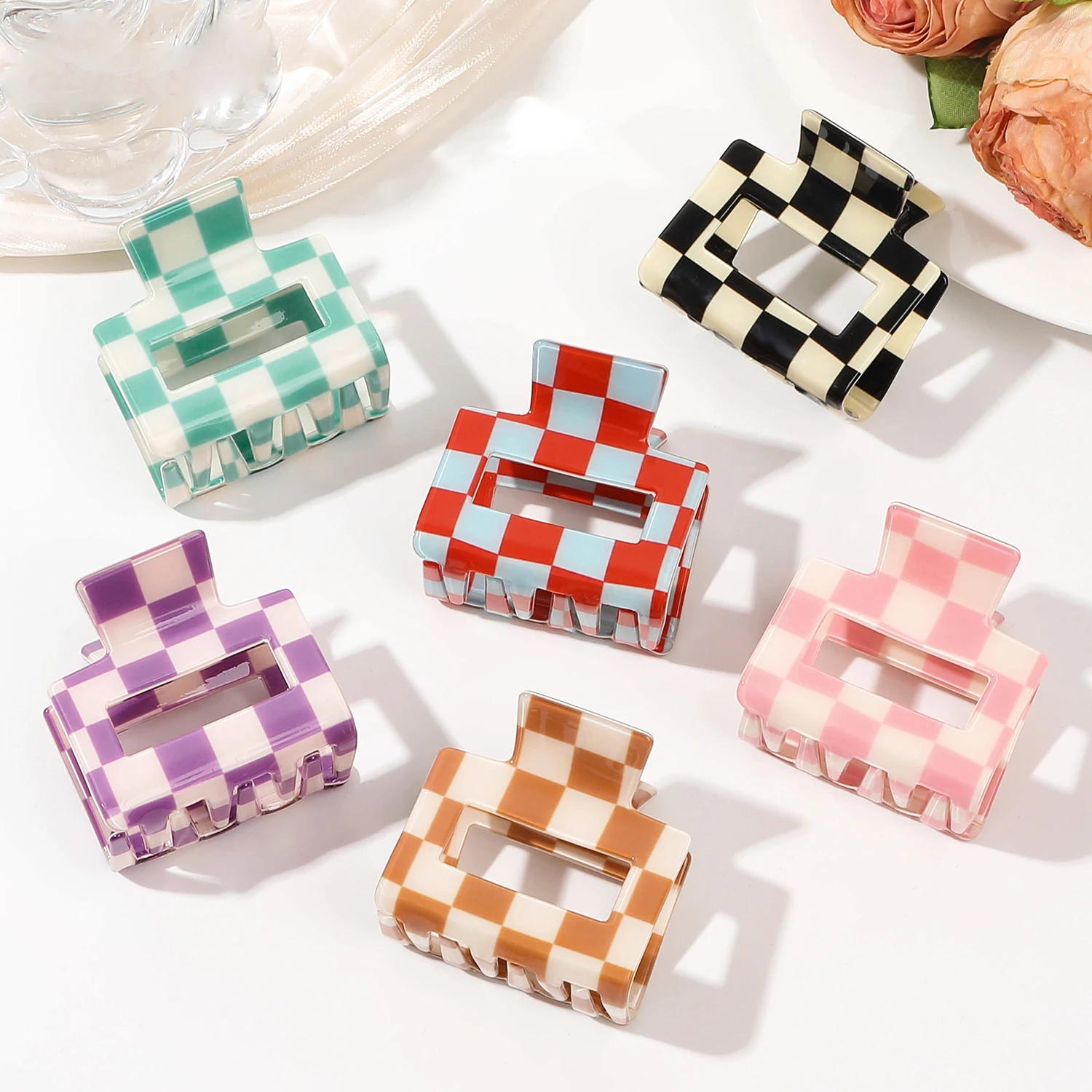 Small square hair clips PVC color blocking lattice grab clip senior sense half tie hair shark clip Yiwu accessories