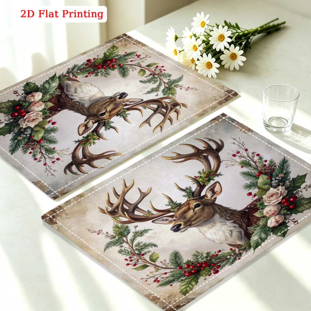 1Pc Vintage Style Placemat Beige Deer Holly Berry Print Table Mat For Dining Kitchen Home Decor Use 30X40cm Cover