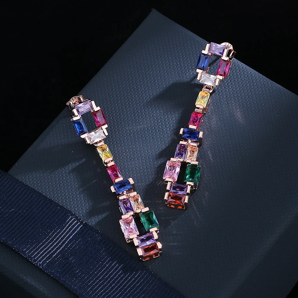 925 silver high-definition contrast fashion earrings super flash zircon earrings colorful tourmaline long earrings party gift