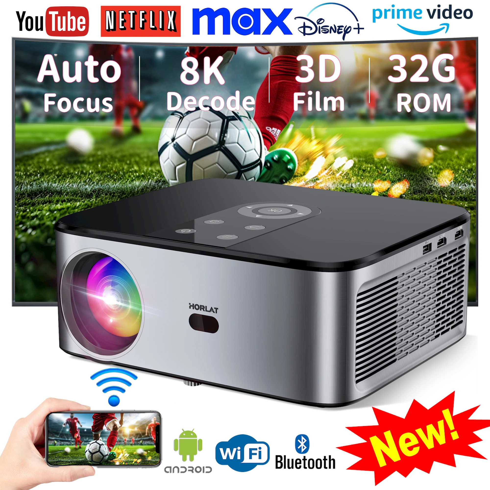 HORLAT T03 Android 4K Beamer 32GB Projector Full HD 1080P 8K Video Dolby Audio Home Theater Auto Focus Keystone 5G WiFi Portable