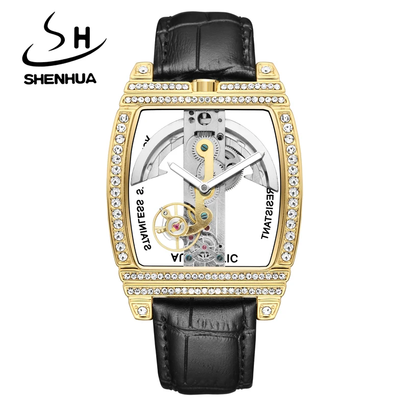 SHENHUA Official Exclusive Sale Double Side Transparent Military Mens Mechanical Watch Genuine Leather Luxury Automatic Watch