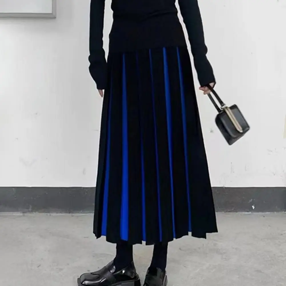 여성 플리츠 스커트 하이 웨이스트 미디 스커트 편안한 패치 워크 컬러 플리츠가있는 세련된 여성용 하이 웨이스트 미디 스커트