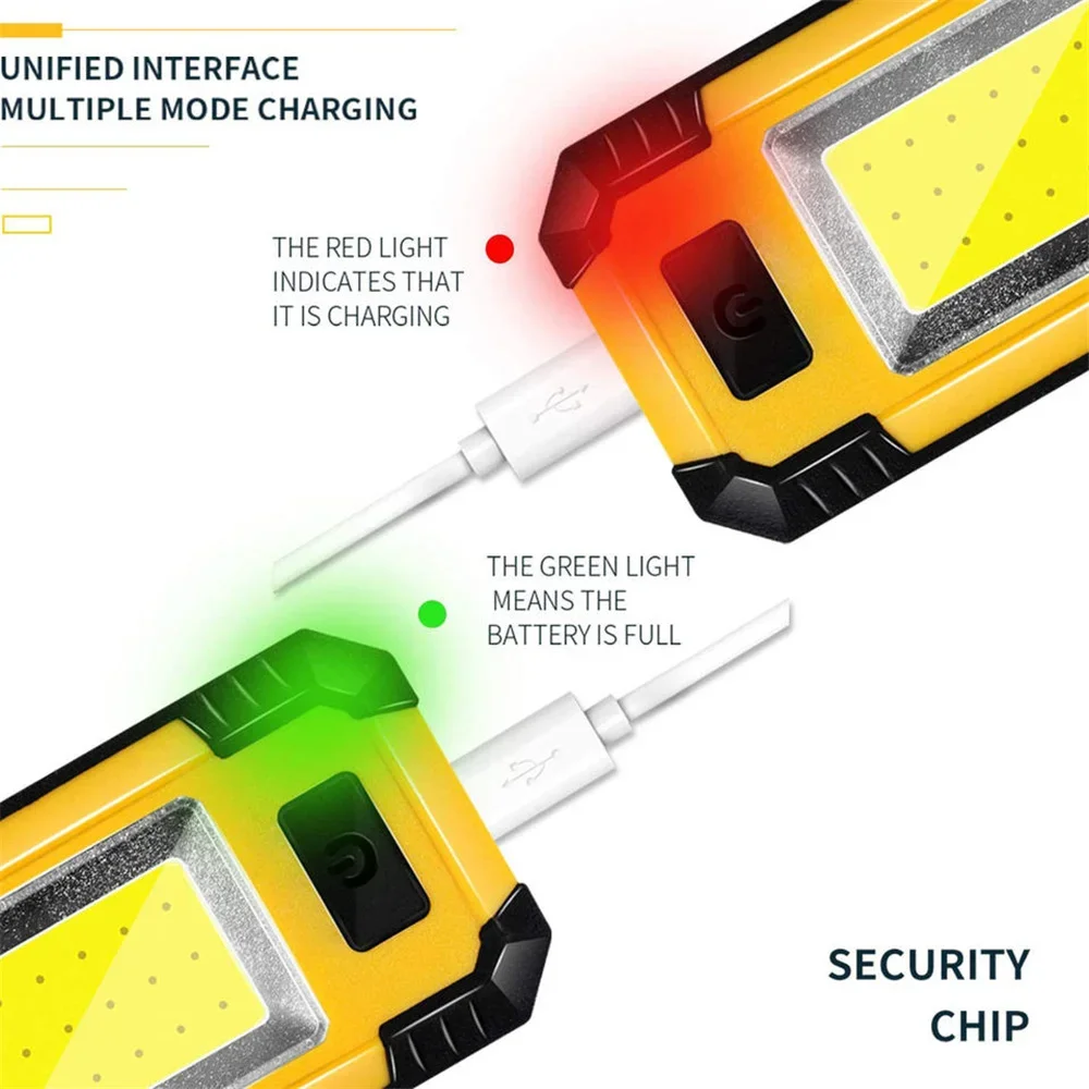 USB 충전식 LED 작업등 COB 손전등, 마그네틱 휴대용 야외 캠핑 낚시 랜턴, 비상 검색 램프