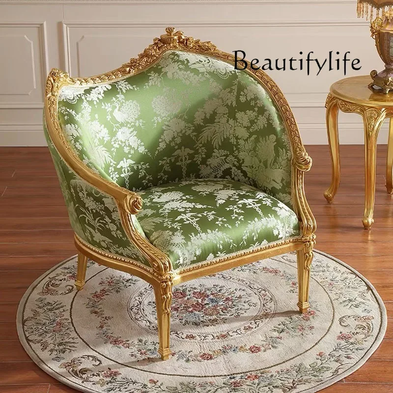 

fabric luxury leisure chair balcony window single chair French retro solid wood simple sofa villa living room