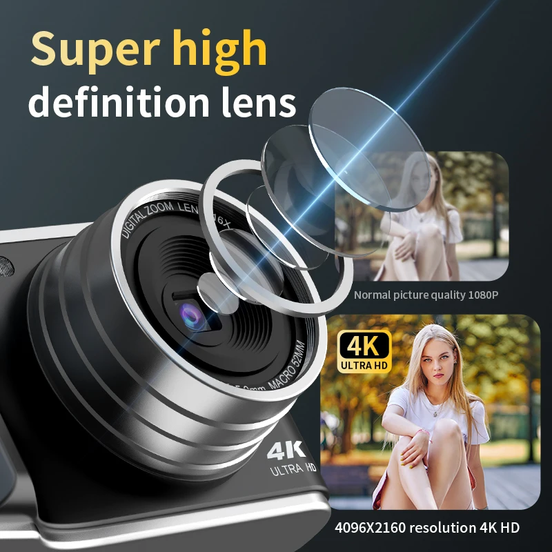 كاميرا رقمية 4K FHD 64MP التصوير الفوتوغرافي التركيز التلقائي خمر مدونة فيديو مسجل 16X التكبير الرقمي 180 °   كاميرا واي فاي بشاشة قلابة