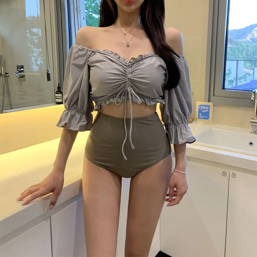 

Korea's East Gate Inns Style Sexy Girl Pure Desire Small Fragrance Bubble Sleeve Split High Waist Covering Belly Swimwear Girl