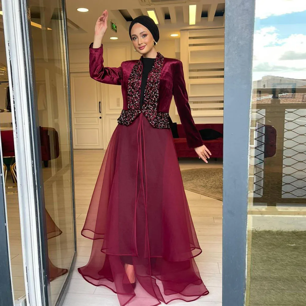 

Индивидуальный бордовый воротник с бисером فساتين سهرة Вечерние платья с длинным рукавом и разрезом спереди, формальный наряд трапециевидной формы для женщин