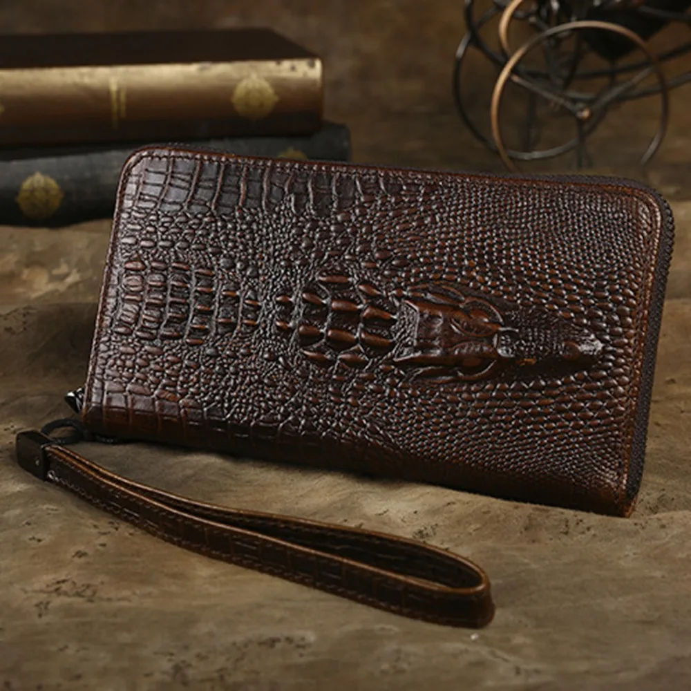 Men Long Wallet Clutch Bag Purse Genuine Leather Crocodile Pattern Credit ID Card Holder Pocket Male Money Wrist Handy Bag Purse