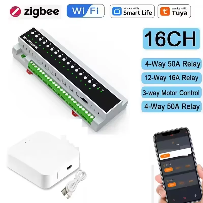 Tuya Smart WiFi Zigbee 16-Kanal-Relais-Schaltmodul Ein/Aus-Steuermodul SAAS Trockenanschluss Schwachstrom-Stromversorgungsmodul + Zigbee Gateway