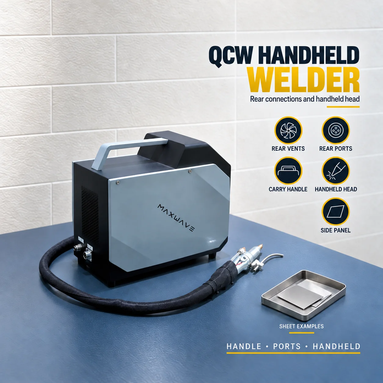 Handheld QCW Thin Sheet Laser Welder with Rear Ventilation, Rear Ports, Carry Handle and Side Panel for Sheet Welding Work