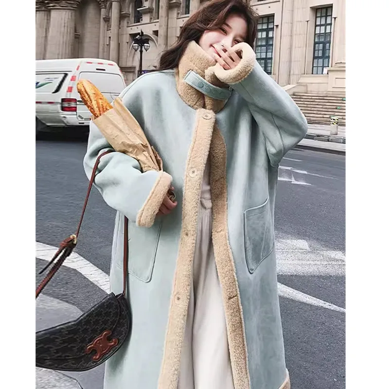 Blue High-end Dual sided Lamb wool Coat For women\'s Winter wear 2024 New Fashion Thicken Cotton Jacket Female Warm Long Overcoat