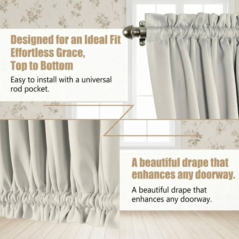 2 PCS White Curtain Rod Pocket Tie back French Door Curtain Thermal Insulated Sun Blocking Thermal Drapery for Privacy