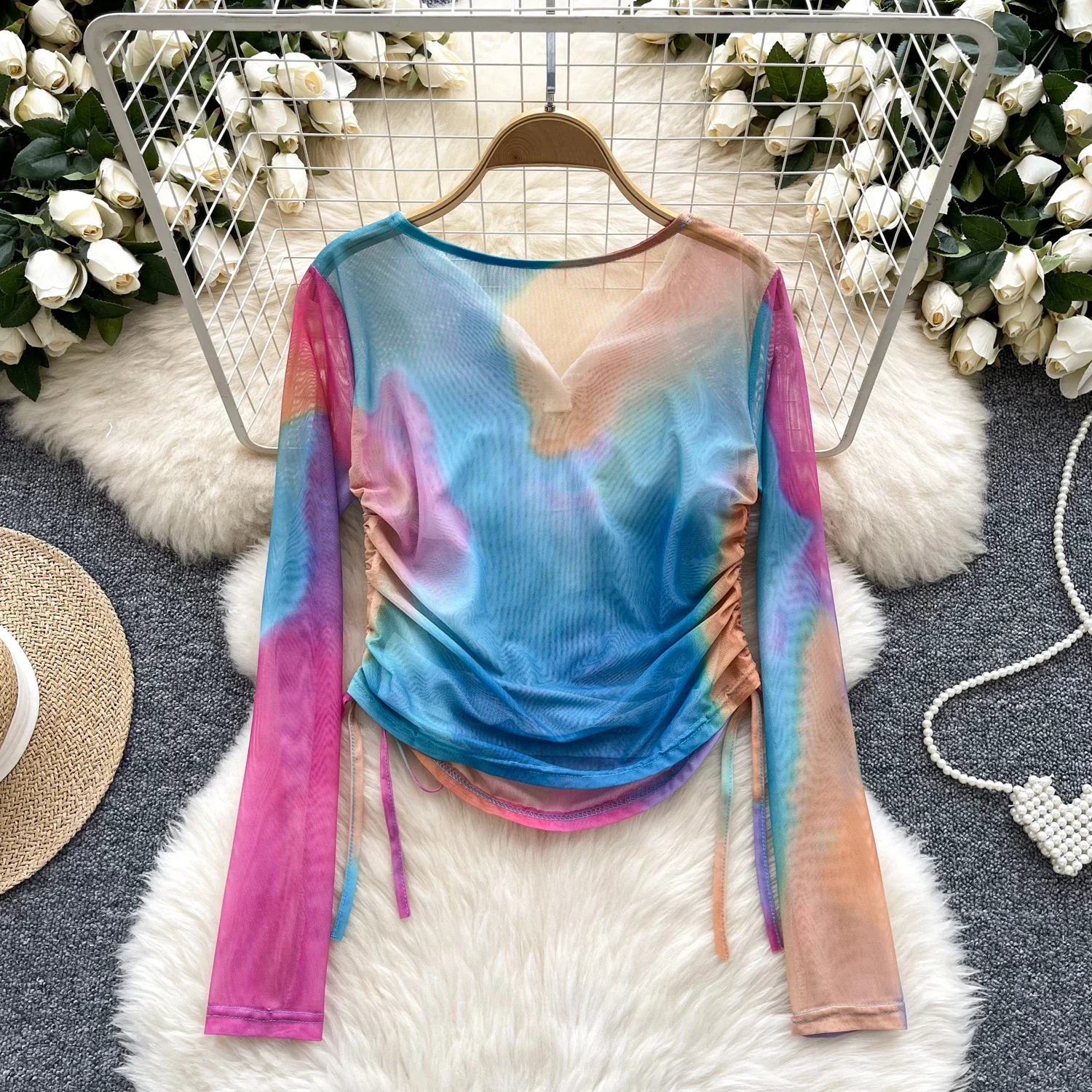 Sexy Vintage Long Sleeve Bandage Print Tie Dye Casual Slim Chic Women Korean Streetwear High Street Spring Autumn Women Blouse