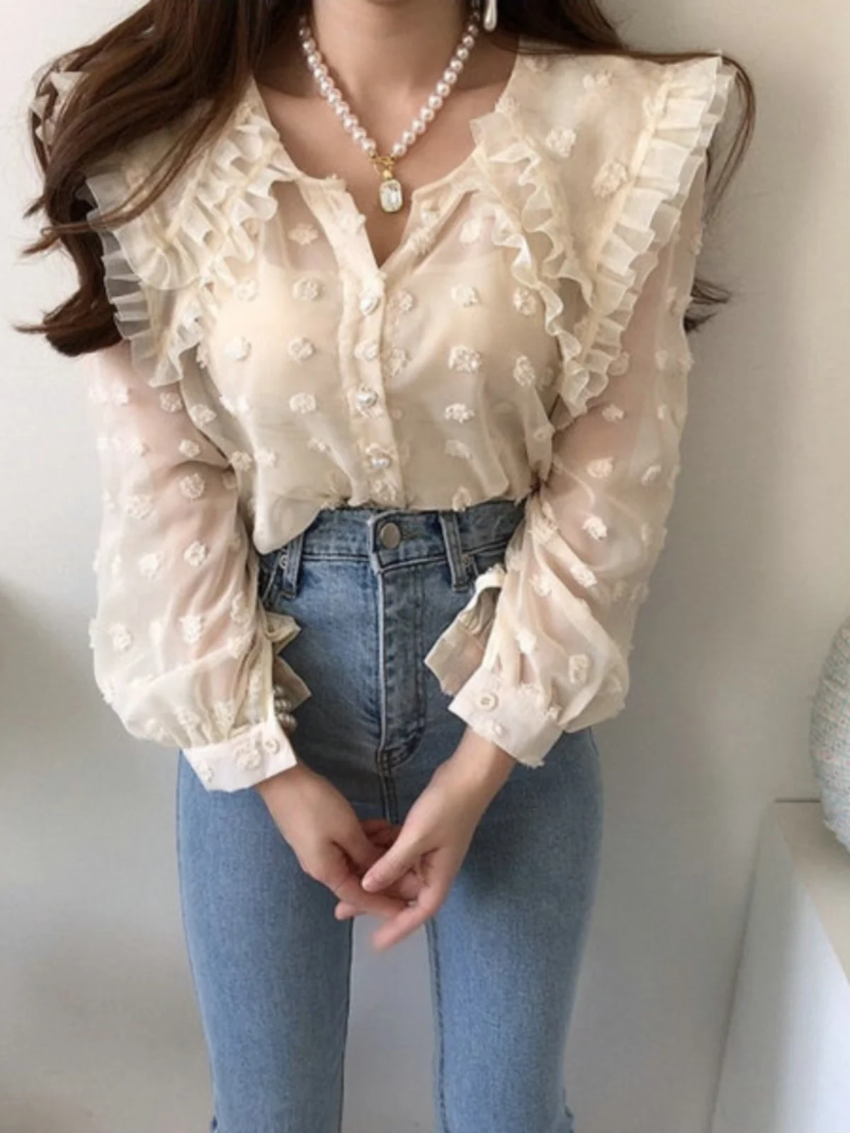 Solowen Pearl Button Long Sve irt Double Layered 3D Fluffy round Ne Design Commute Sle Pure Color Straight Cut