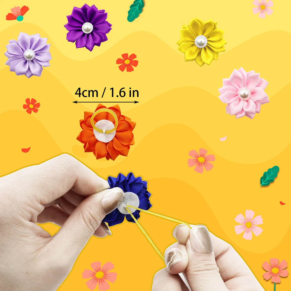 50/100/200 Pcs Flower Rubber Band Dog Hair Bows Cat Hair Accessories With Pearl Puppy Cat Dog Grooming Hair Bows Pet Topknot Bow