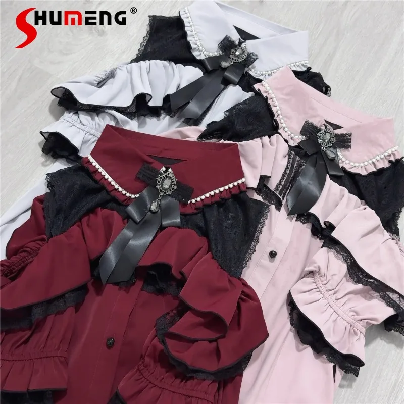 2025 Summer Pearl Collar Off-the-shoulder Short-sleeved Shirt Japanese SC Sweet And Cute Single-breasted Blouse Women's Clothing