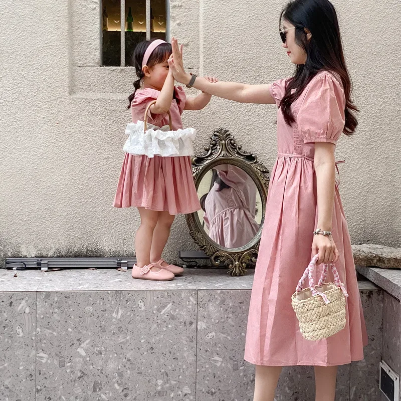 Family Clothes Mother Daughter Matching Puff Sleeve Dresses Mom Baby Girls Pink One Piece Dress Dad Son Same Short Sleeve Shirts