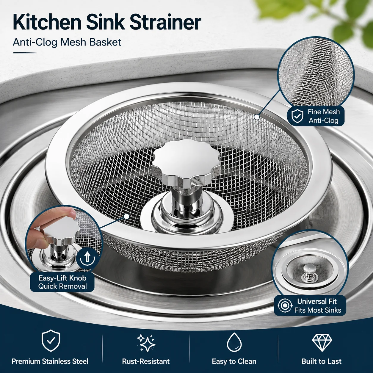 Stainless Steel Kitchen Sink Strainer Basket, Fine Mesh Drain Filter with Removable Handle, Anti-Clog Food Debris Catcher for Kitchen Sink Drain, Washing Basin, Vegetable Cleaning, Dishwashing Sink and Floor Drain Filter Accessories