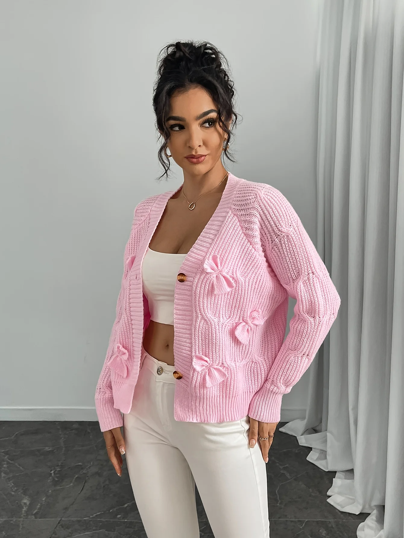 Sweter Wanita Fashion Baru Musim Gugur dan Musim Dingin Jaket Kardigan Rajut Pita Lengan Panjang Warna Solid Pakaian Wanita Atasan