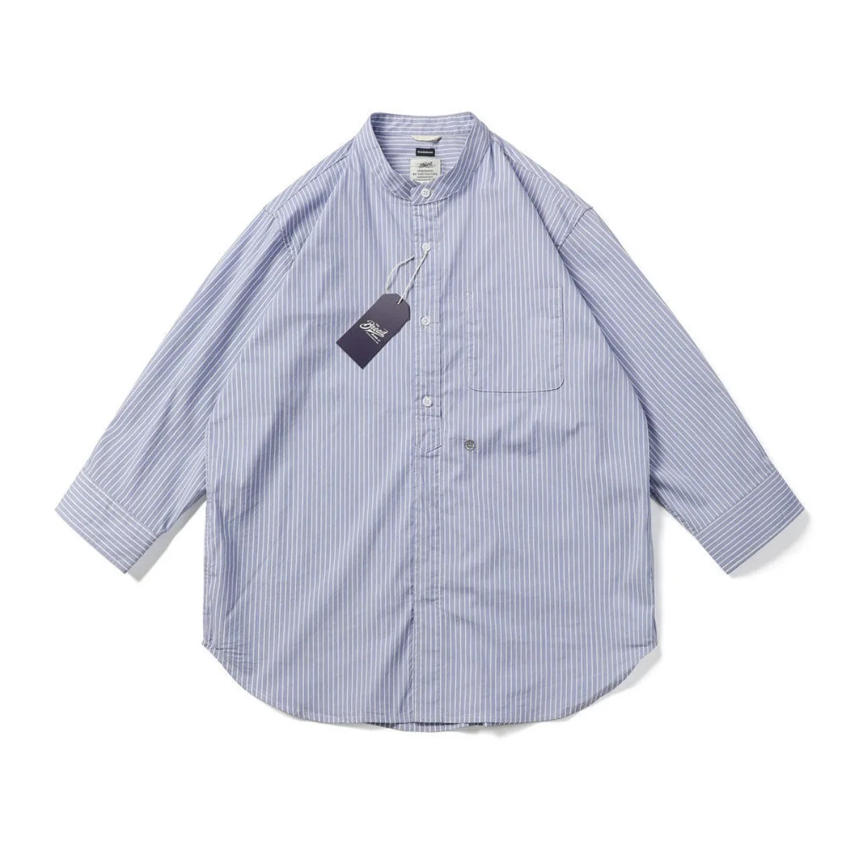 26SS Stand Up Collar Japanese Embroidery Vertical Stripe Shirt Men's Loose Casual Seven Quarter Sleeved Jacket