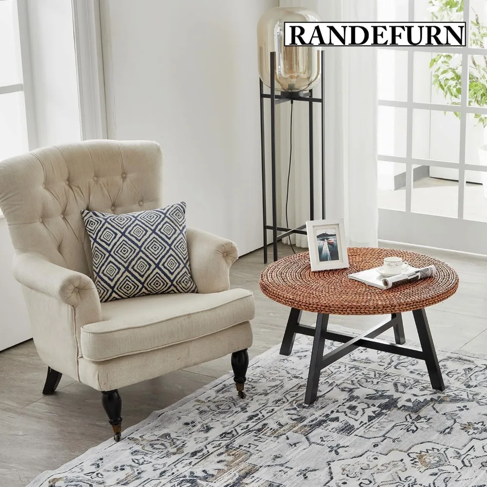 Round Coffee Table, Seagrass Coffee Solid Pine Wood X Base Frame Cocktail Table, Easy Assembled, Multiple Sizes For Living Room