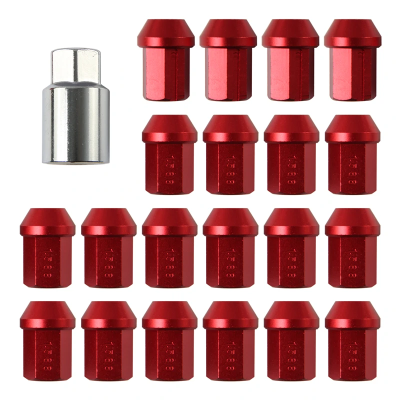 Silver/Red M12X1.5MM 20 Pieces Aluminum Closed Ended Lug Nuts with Locking Key Red/Silver