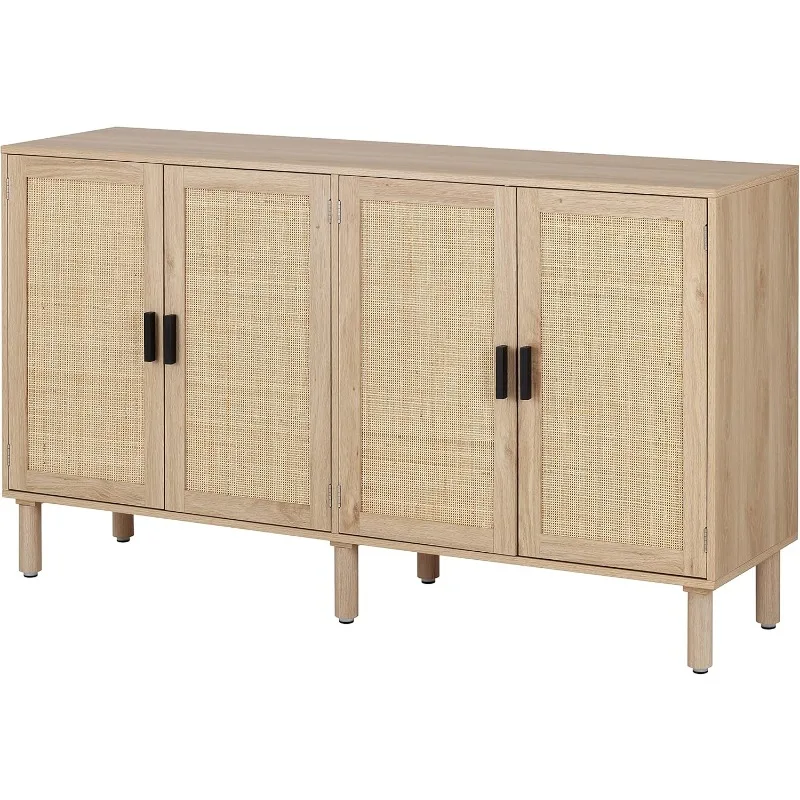 Door Sideboard Buffet Cabinet, Kitchen Storage Cabinet with Rattan Decorated Doors, Cupboard Console Table