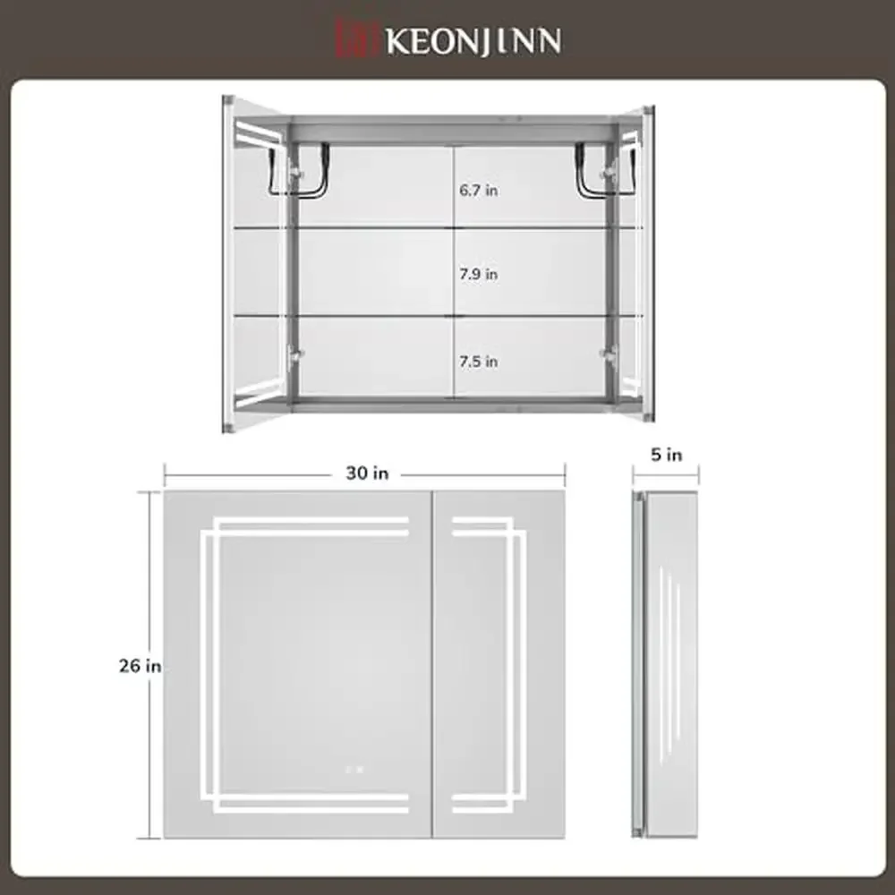 Adjustable LED Lighted Mirror Medicine Cabinet with Dimmable 3 Color Temperature Lights Wall Mount 30x26 Inch Adjustable Shelves