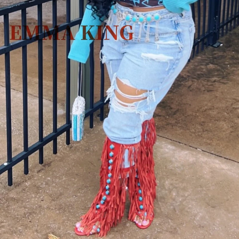 فو الجلود هامش حذاء برقبة للركبة المرأة المفتوحة تو الأحجار الكريمة ديكور خنجر كعب الظهر البريدي الصيف ملهى ليلي عالية الكعب 44 #6