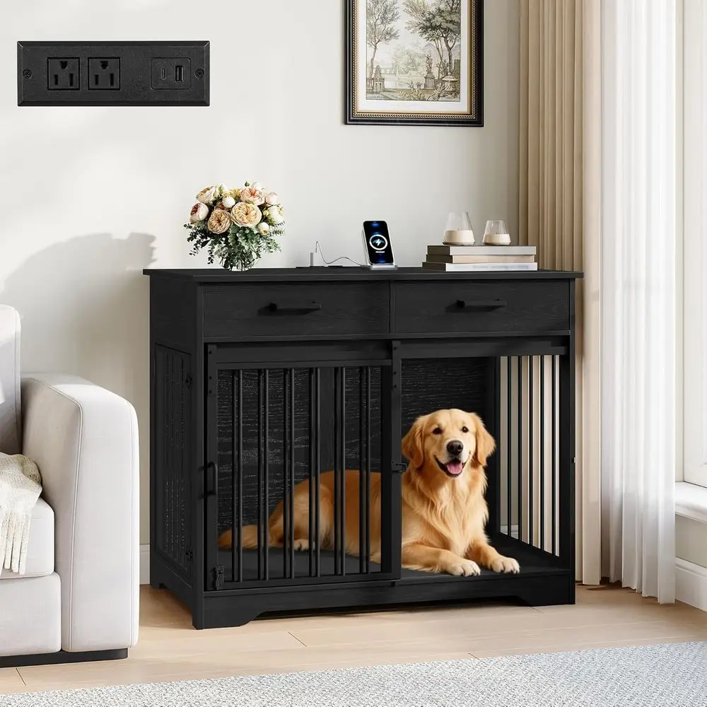 

Barn Door Style Dog Crate Furniture with Charging Station and Storage, Medium/Large Dog Wooden Cage, Black