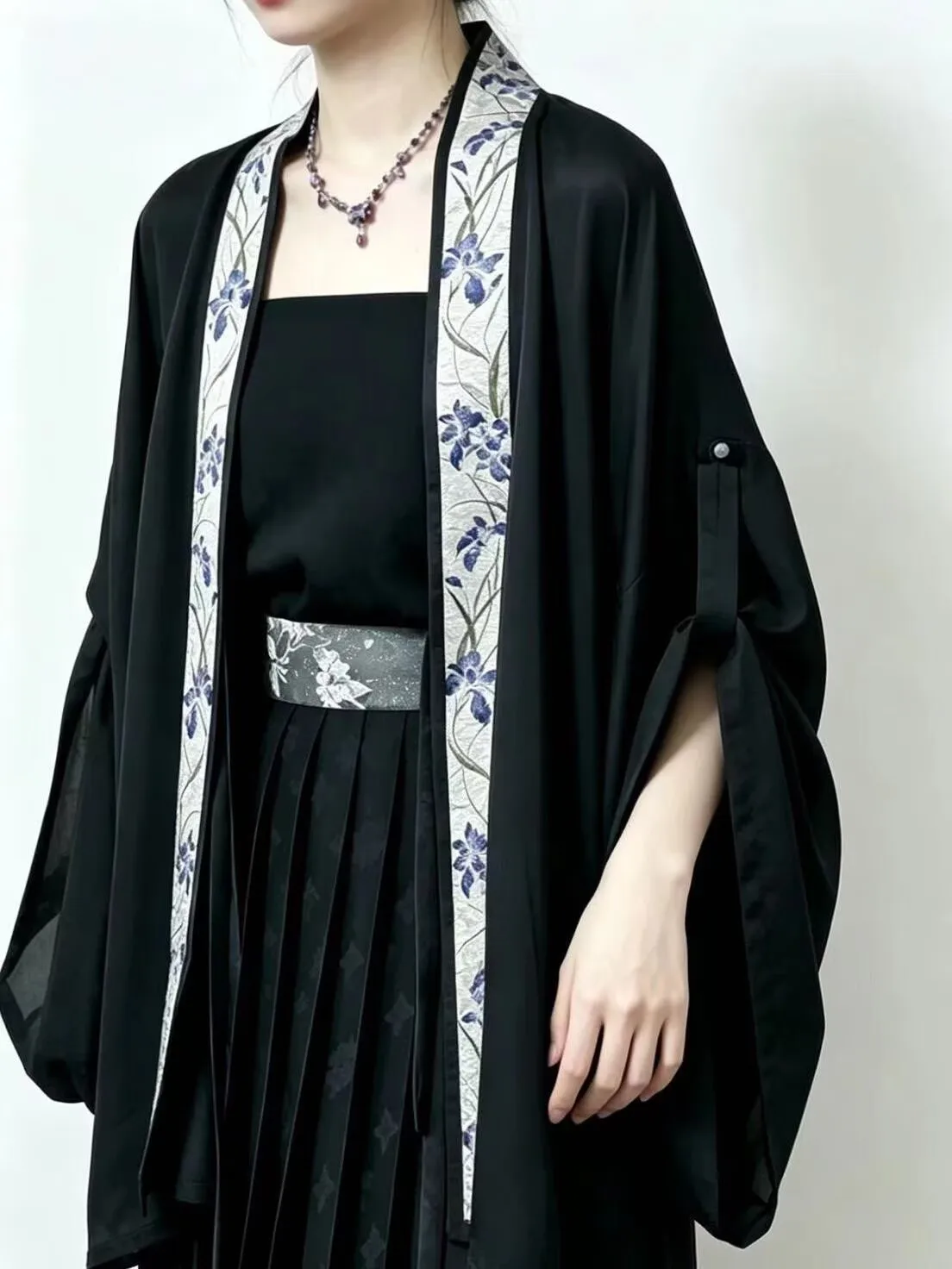 Plus Size 8XL Chinese Hanfu Cardigan for Women Black Purple Loose Open Front Kimono Jacket Traditional Embroidery Hanfu Suits