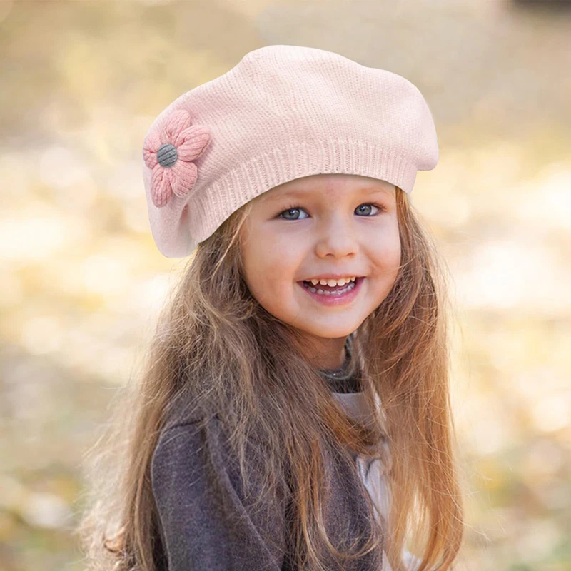 Kids Girl Knitted Hat Flower Beret Cute Flower Princess Artist Painter Cap Solid Color Crochet Hat Spring Warm Children Beanies