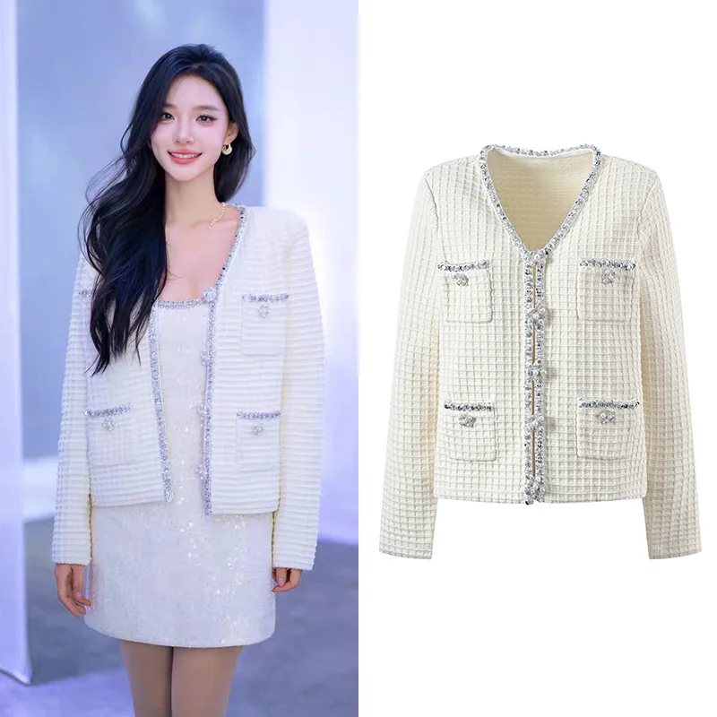 

Diamond Embedded V-Ne Vest Top Women's Outerwear Ele Design Loose Fit Wool Blend Fabric Adult Autumn Faion