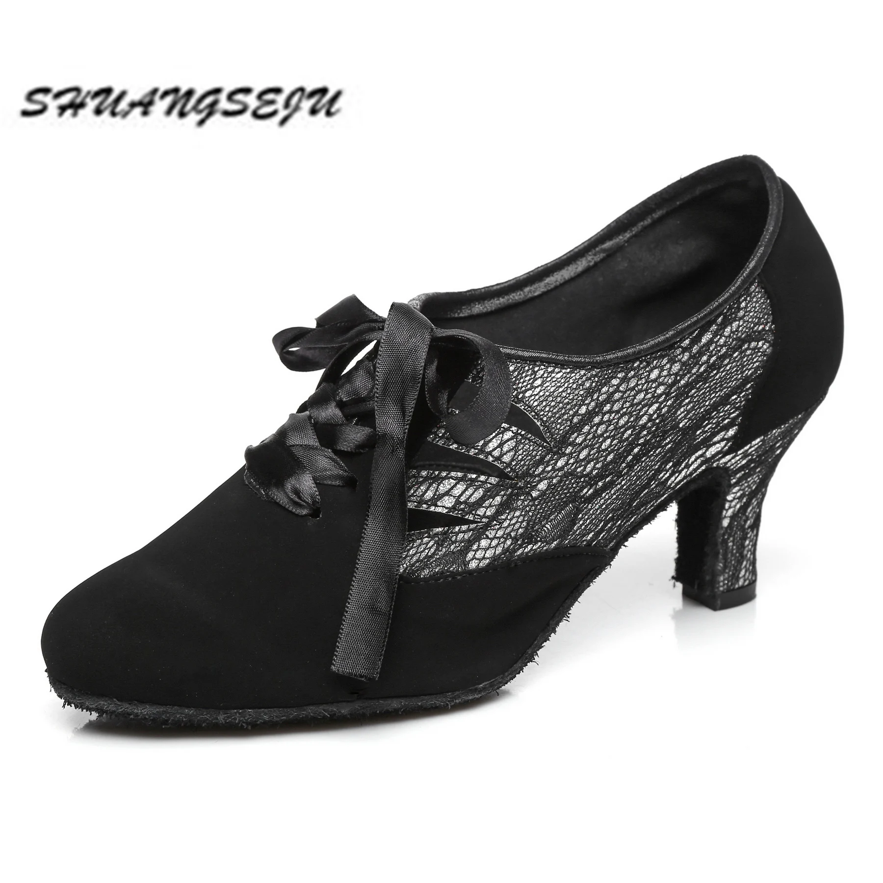 SHUANGSEJU Latin buty do tańca czarne buty taniec nowoczesny Cha-cha buty wyczynowe sznurowane średnie obcasy 5-7.5cm miękka podeszwa