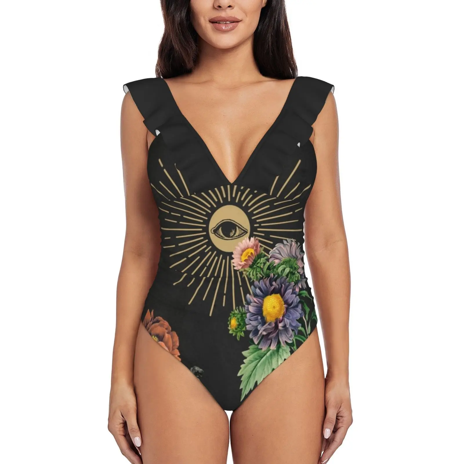 

Solar Women Ruffle One Piece Swimsuit Sexy Bodysuit Monokini Swimwear Bathing Suit Collage Surrealism Flowers Night Sun Eyes