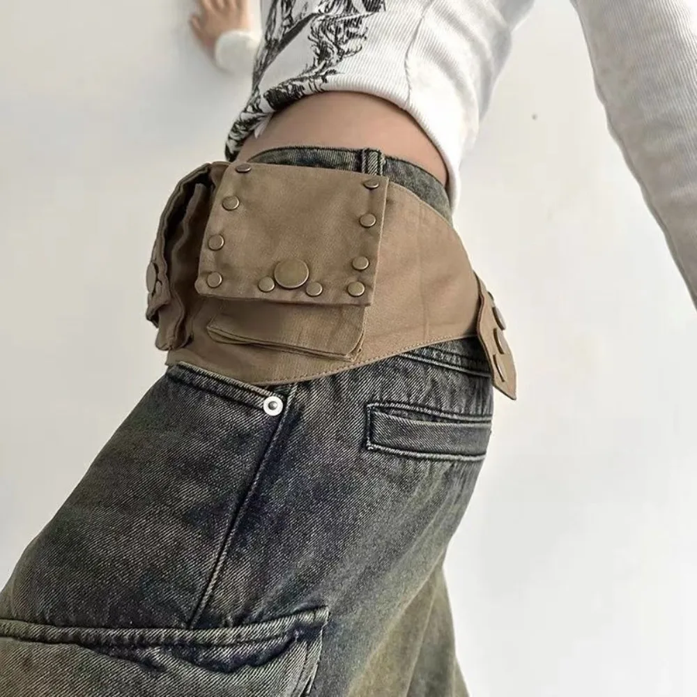 

Trendy Alloy Grunge Bum Belt Cotton Vintage Waistband with Bag Punk Jeans Decor Belts Pockets Streetwear