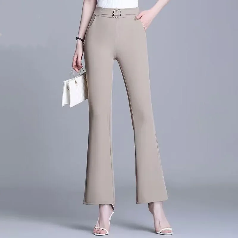 High-rise Elasticized Solid Color Pockets Splicing Leisure Versatile Flared Pants Women Spring and Autumn New Fashion Upscale